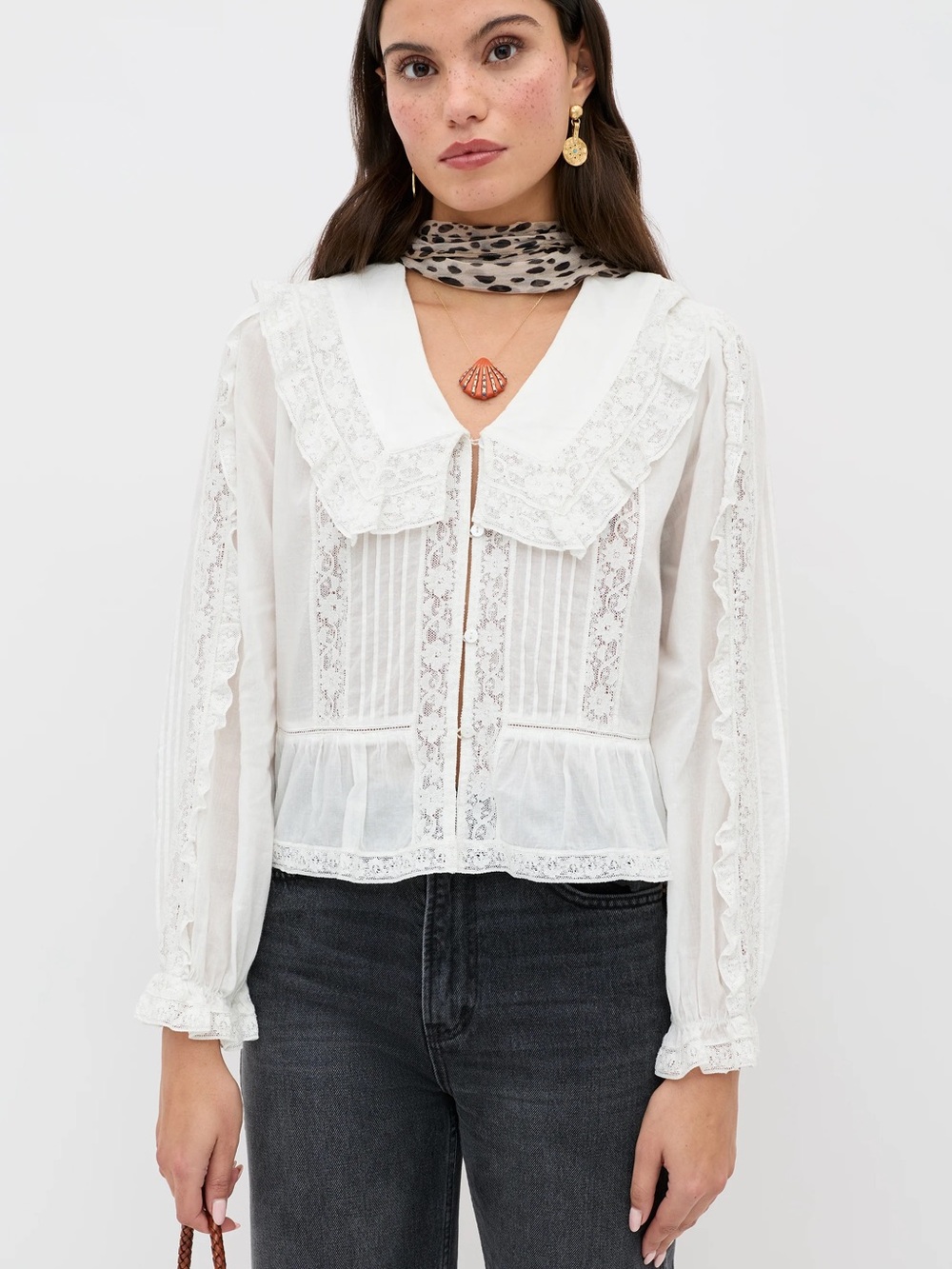 RIXO White Lace-Trim Maribelle Cotton Blouse